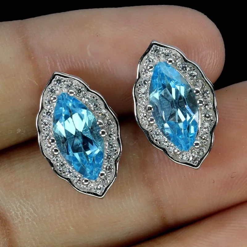925 сребърни обеци с Swiss Blue Topaz 10х 5 мм