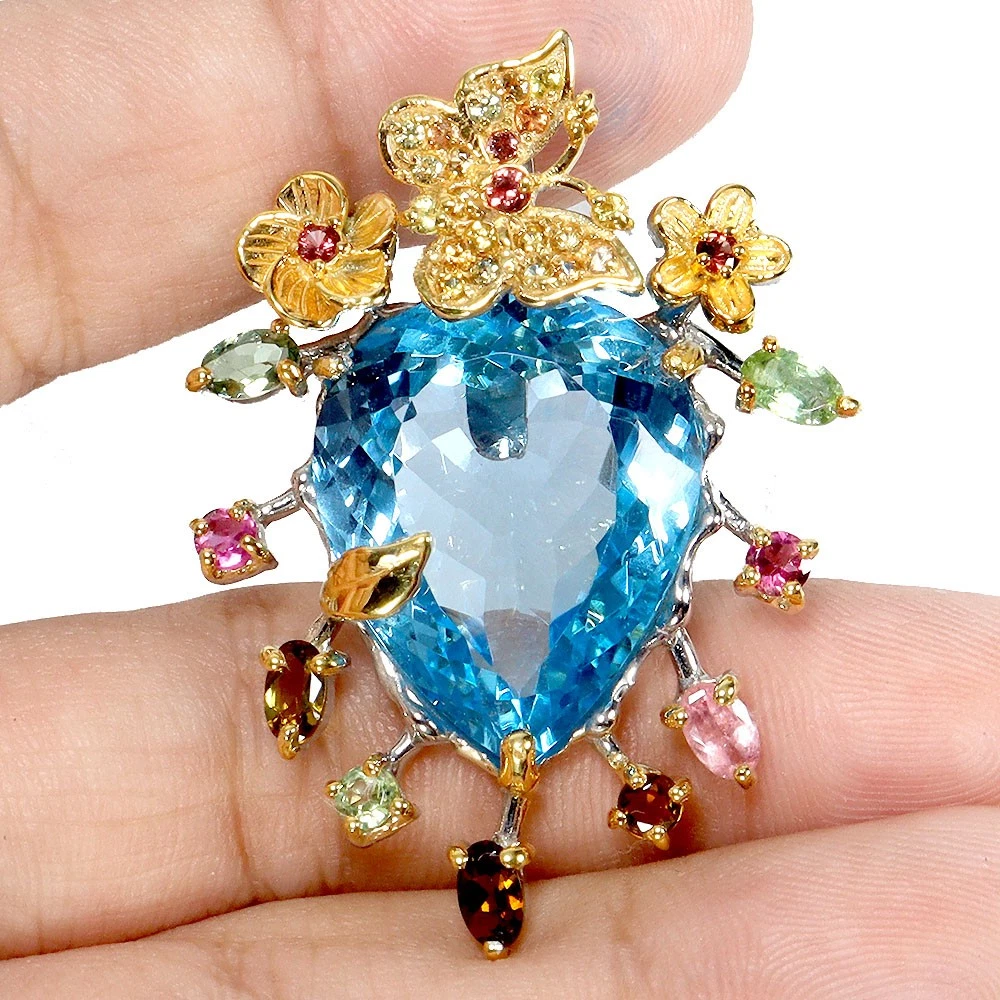 925 Сребърно колие с натурален Swiss Blue Topaz 38 карата